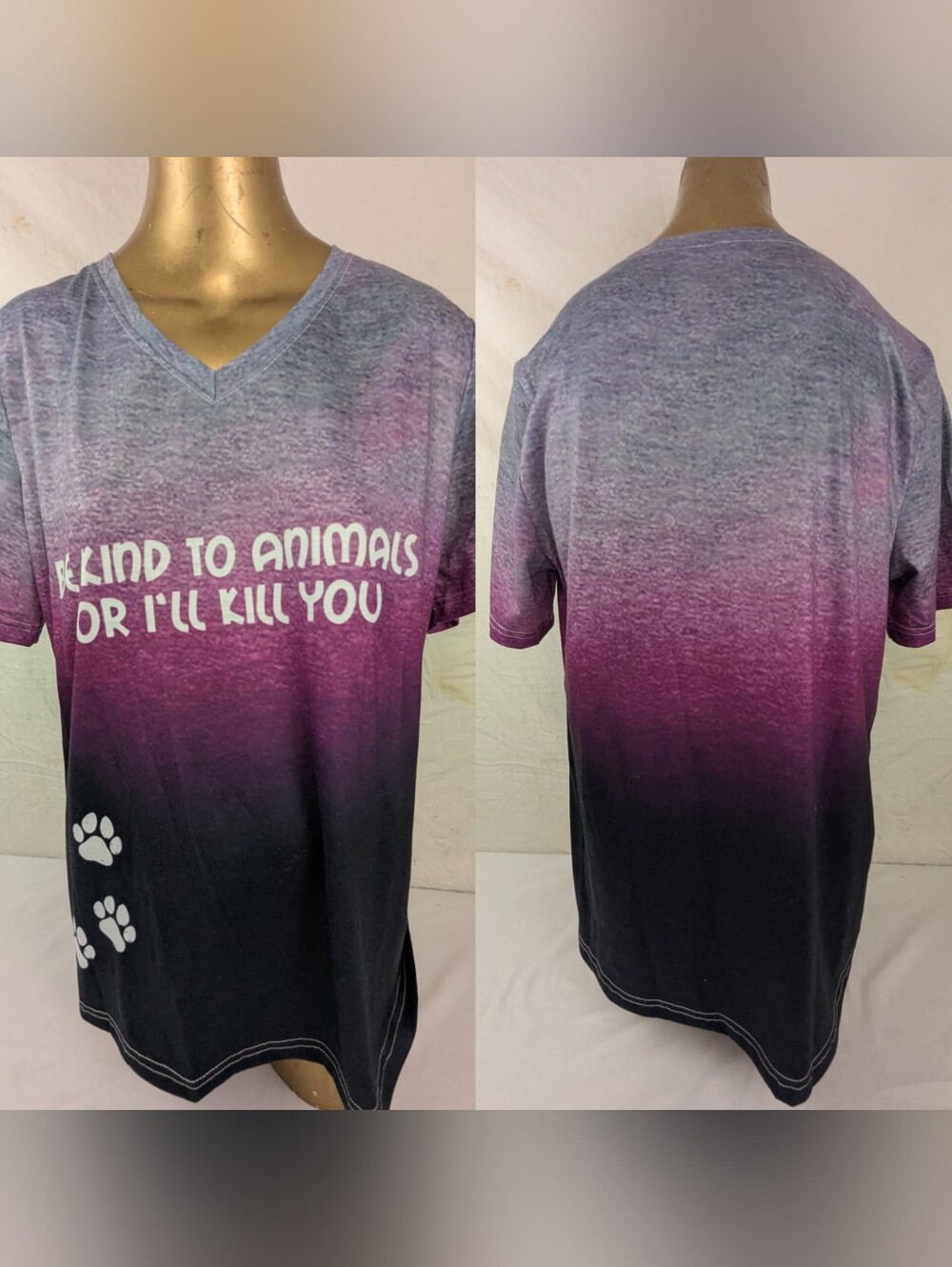 Be Kind To Animals Or I'll Kill You Tshirt Ombre Grey Purple Size XL